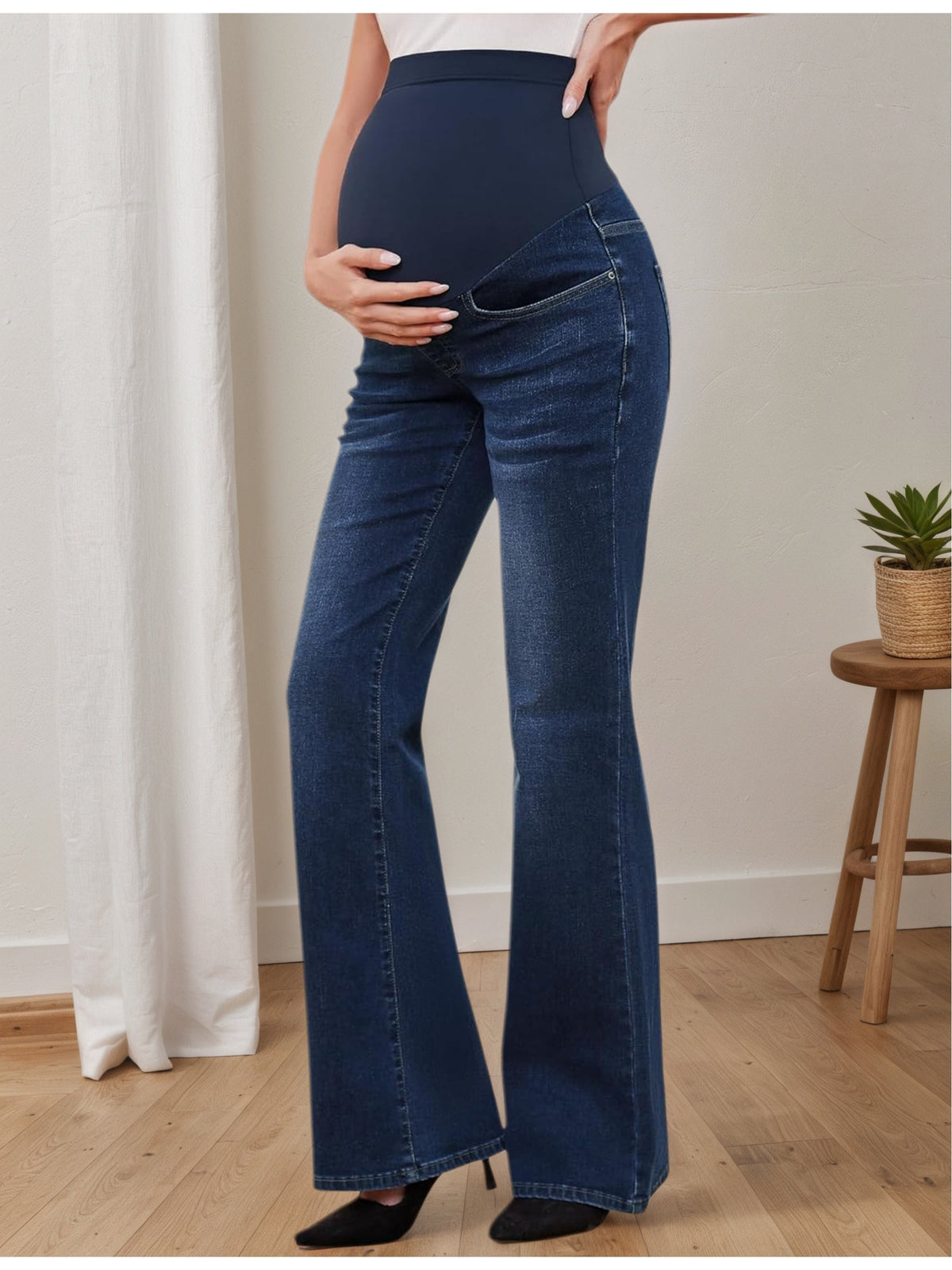 Women's Maternity Flare Jeans with Over-Belly Support Panel and Five-Pocket Design