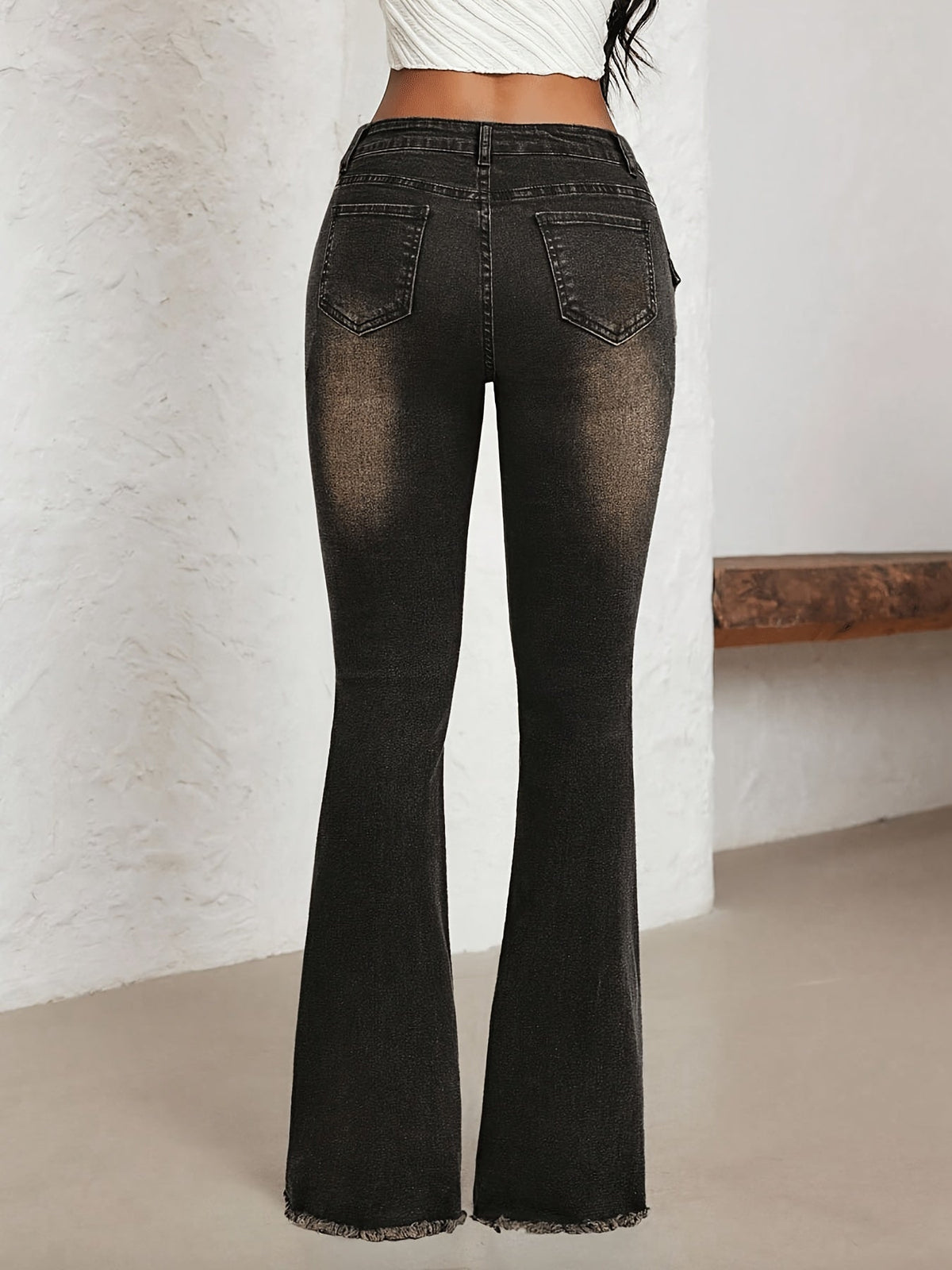 Women's Distressed Grommet Buckle Flare Jeans with Low Rise, Raw Seams and Frayed Hem