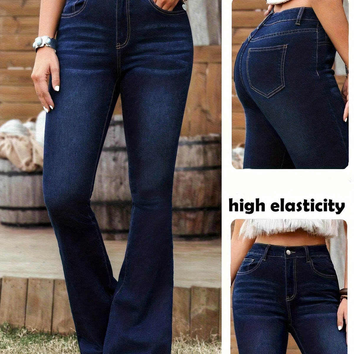Women's Dark Blue Western Flare Jeans with High Waist, Contrast Stitching and Raw Hem