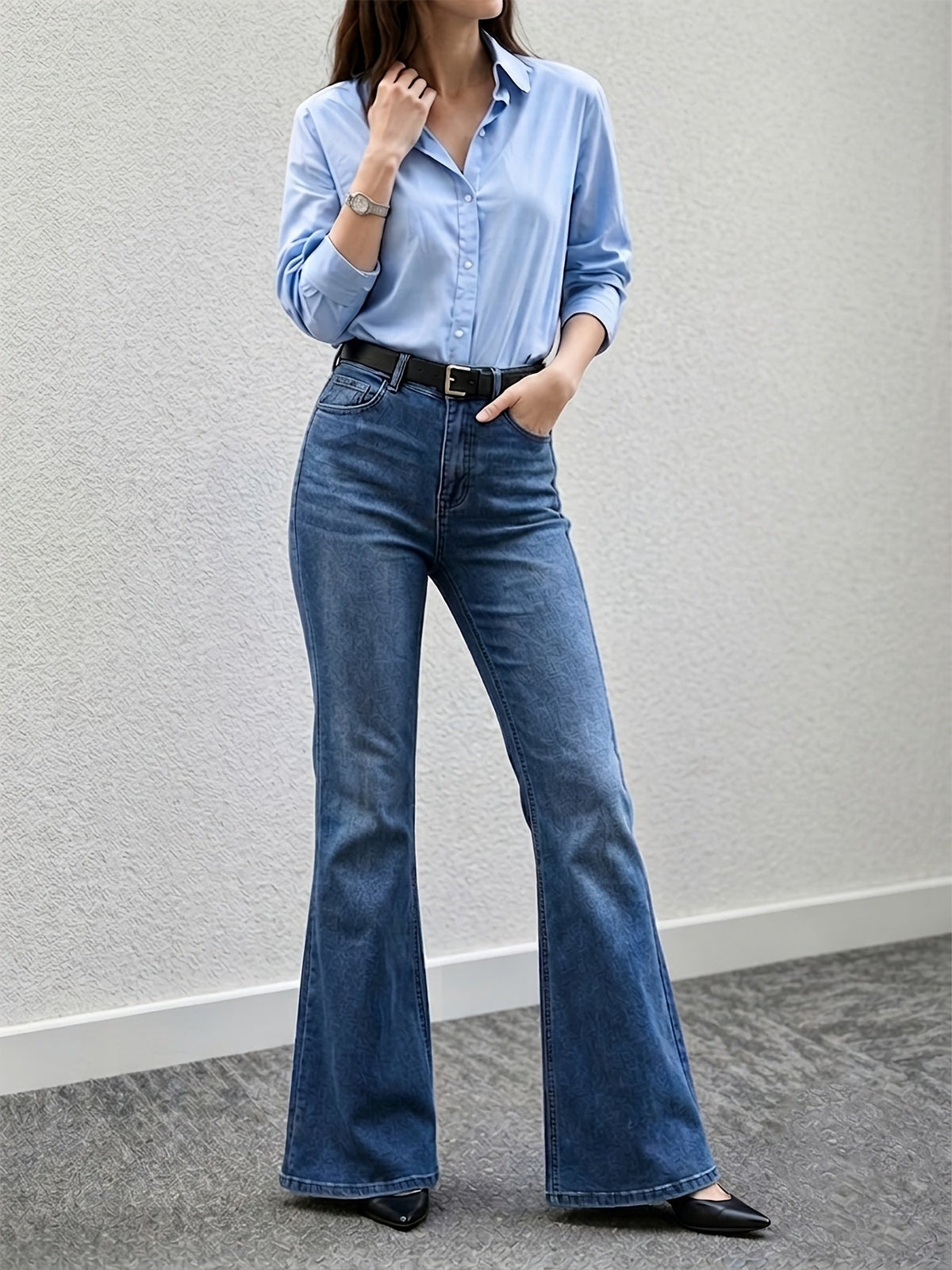 Women's Medium Blue High Waist Flare Jeans with Fitted Thigh, Wide Hem and Stretch Denim