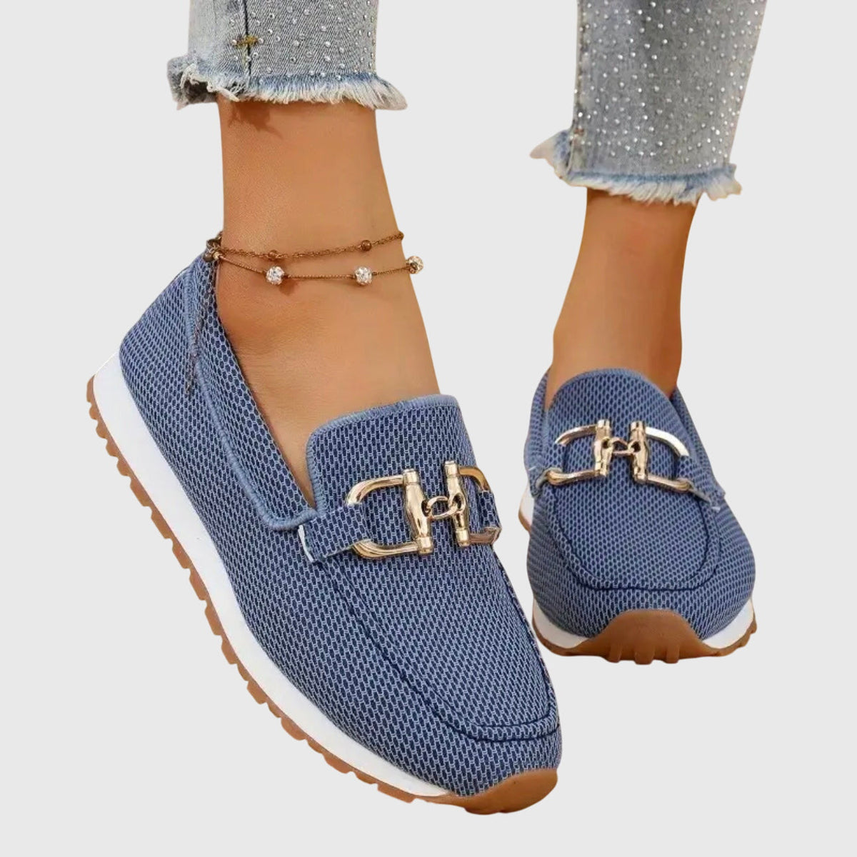 Women's Breathable Mesh Slip-On Loafers with Gold-Tone Buckle, Cushioned Insole and Non-Slip Sole
