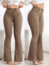 Women's Coffee Brown Acid Wash Flare Jeans with High Waist, Contrast Stitching and Five-Pocket Design