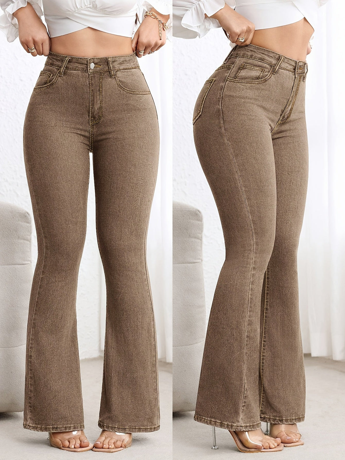 Women's Coffee Brown Acid Wash Flare Jeans with High Waist, Contrast Stitching and Five-Pocket Design