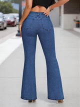 Women's Medium Blue Bell Bottom Flare Jeans with High Waist, Seamed Front and Stretch Denim