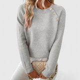 Women's Ribbed Knit Sweater with Crew Neck Long Sleeves Pearl Buttons and Heart Detail