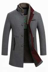 Men's Wool Blend Overcoat with Stand Collar, Single-Breasted Buttons, Flap Pockets and Tailored Fit