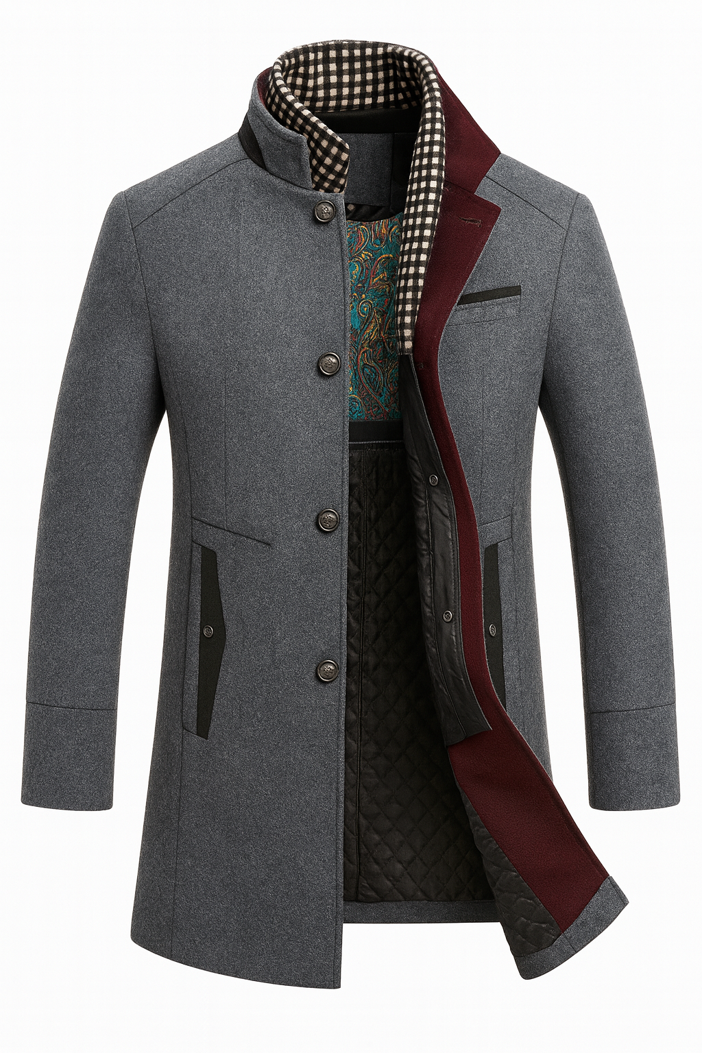 Men's Wool Blend Overcoat with Stand Collar, Single-Breasted Buttons, Flap Pockets and Tailored Fit