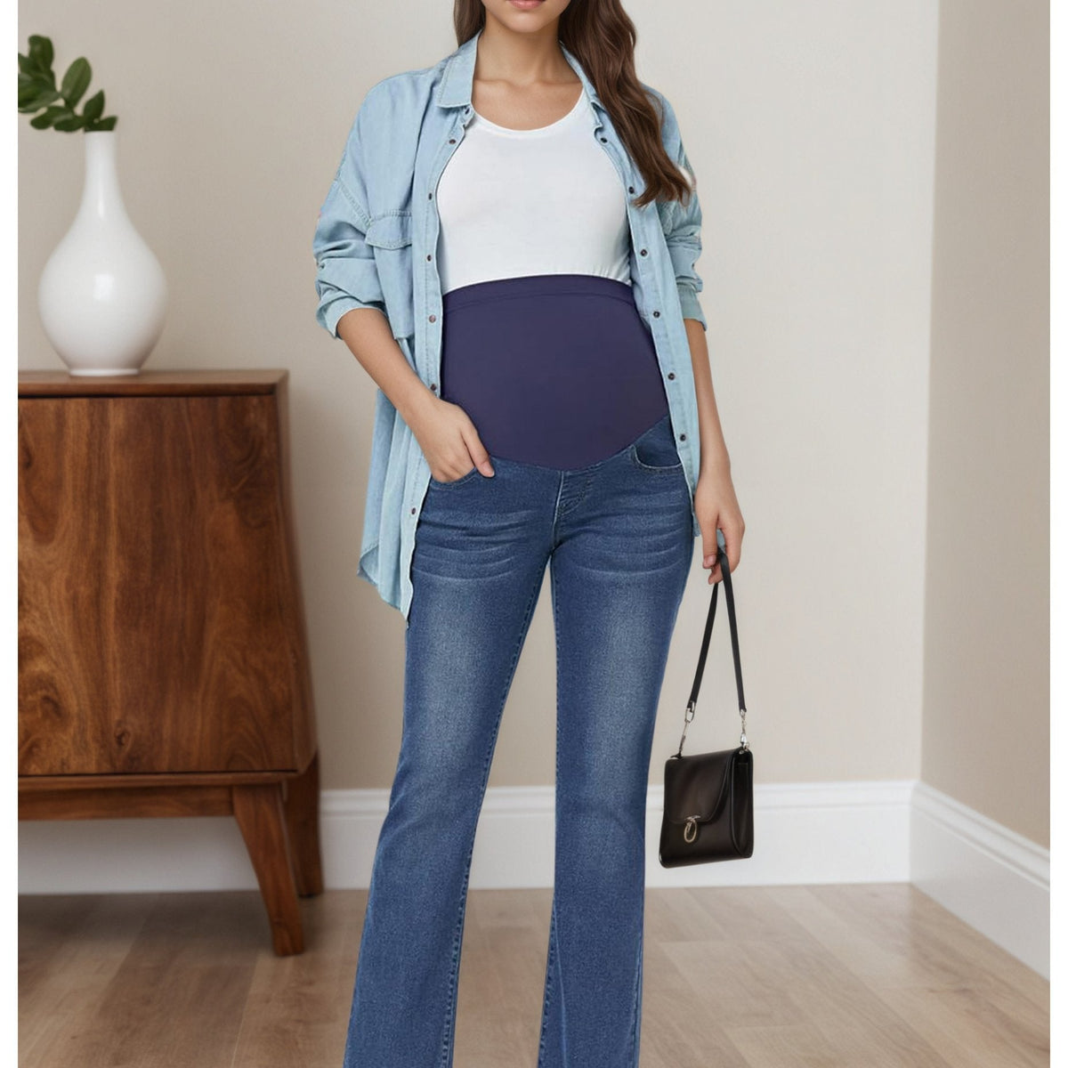 Women's Maternity Flare Jeans with Over-Belly Support Panel and Five-Pocket Design