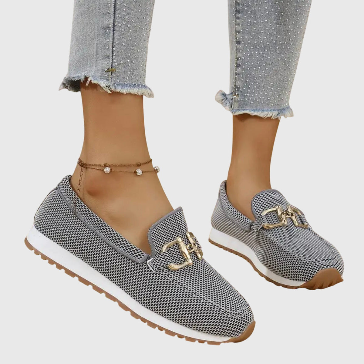 Women's Breathable Mesh Slip-On Loafers with Gold-Tone Buckle, Cushioned Insole and Non-Slip Sole