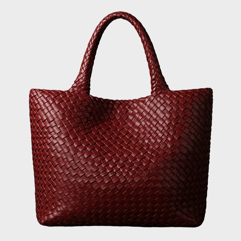 Women's Woven Vegan Leather Tote Bag with Rounded Shoulder Handles for Work and Everyday Use