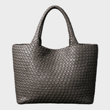 Women's Woven Vegan Leather Tote Bag with Rounded Shoulder Handles for Work and Everyday Use