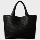 Women's Woven Vegan Leather Tote Bag with Rounded Shoulder Handles for Work and Everyday Use