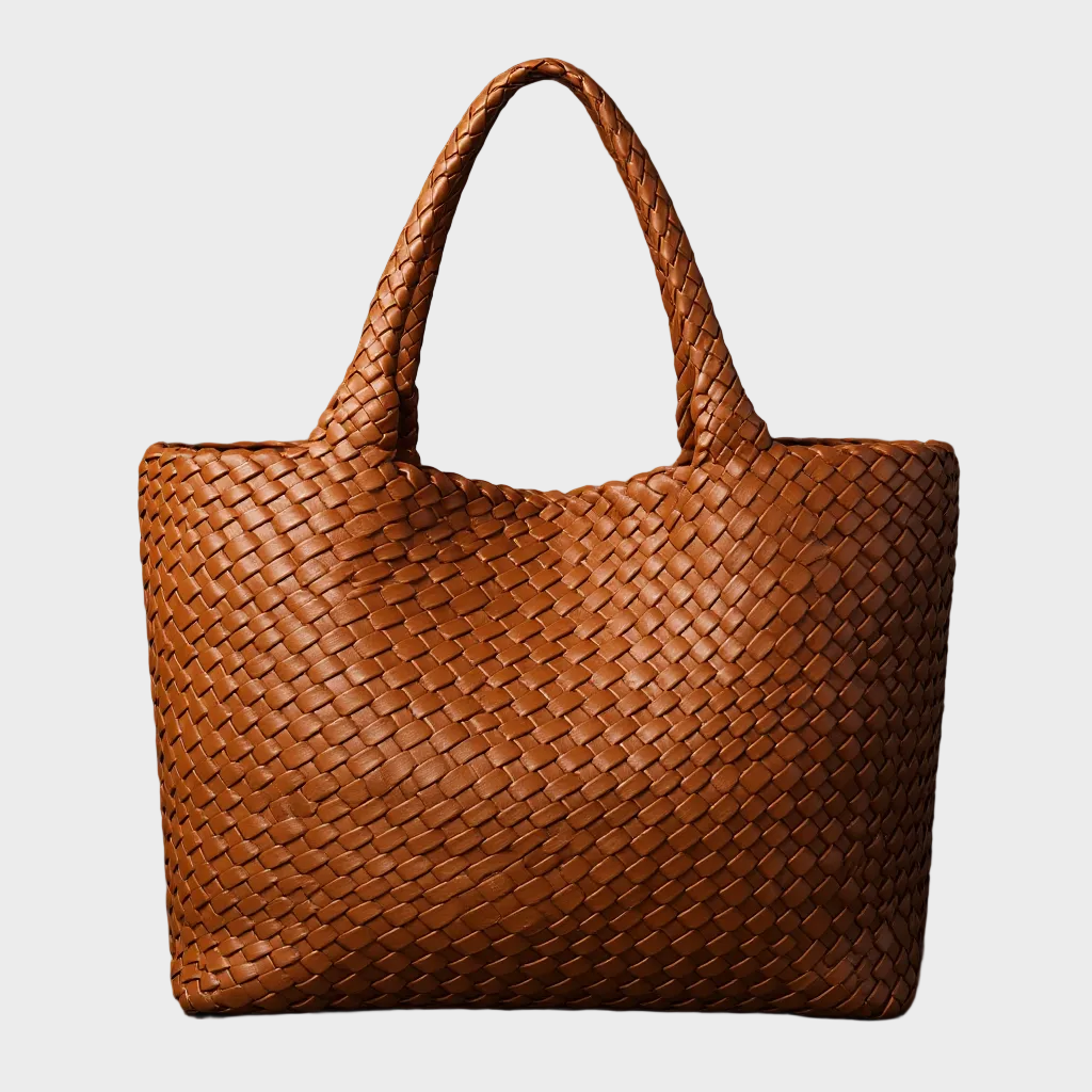 Women's Woven Vegan Leather Tote Bag with Rounded Shoulder Handles for Work and Everyday Use