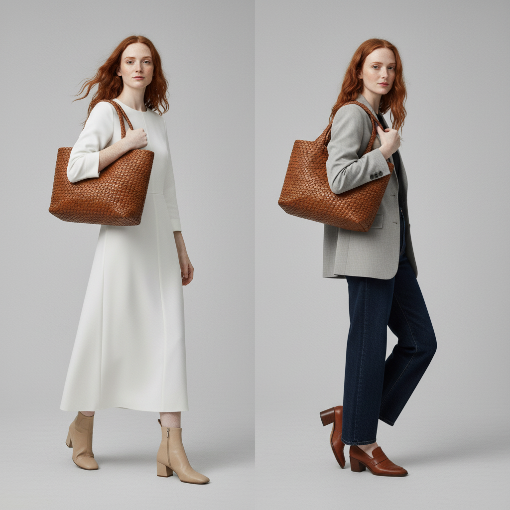 Women's Woven Vegan Leather Tote Bag with Rounded Shoulder Handles for Work and Everyday Use