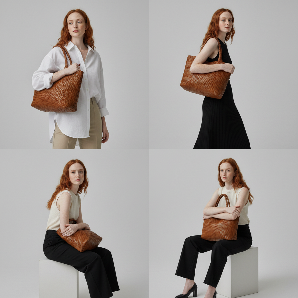 Women's Woven Vegan Leather Tote Bag with Rounded Shoulder Handles for Work and Everyday Use