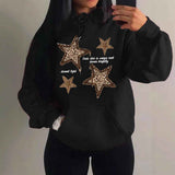 Women's Star Print Hoodie with Drawstring Hood Long Sleeves Leopard Detail Oversized Style