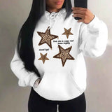 Women's Star Print Hoodie with Drawstring Hood Long Sleeves Leopard Detail Oversized Style