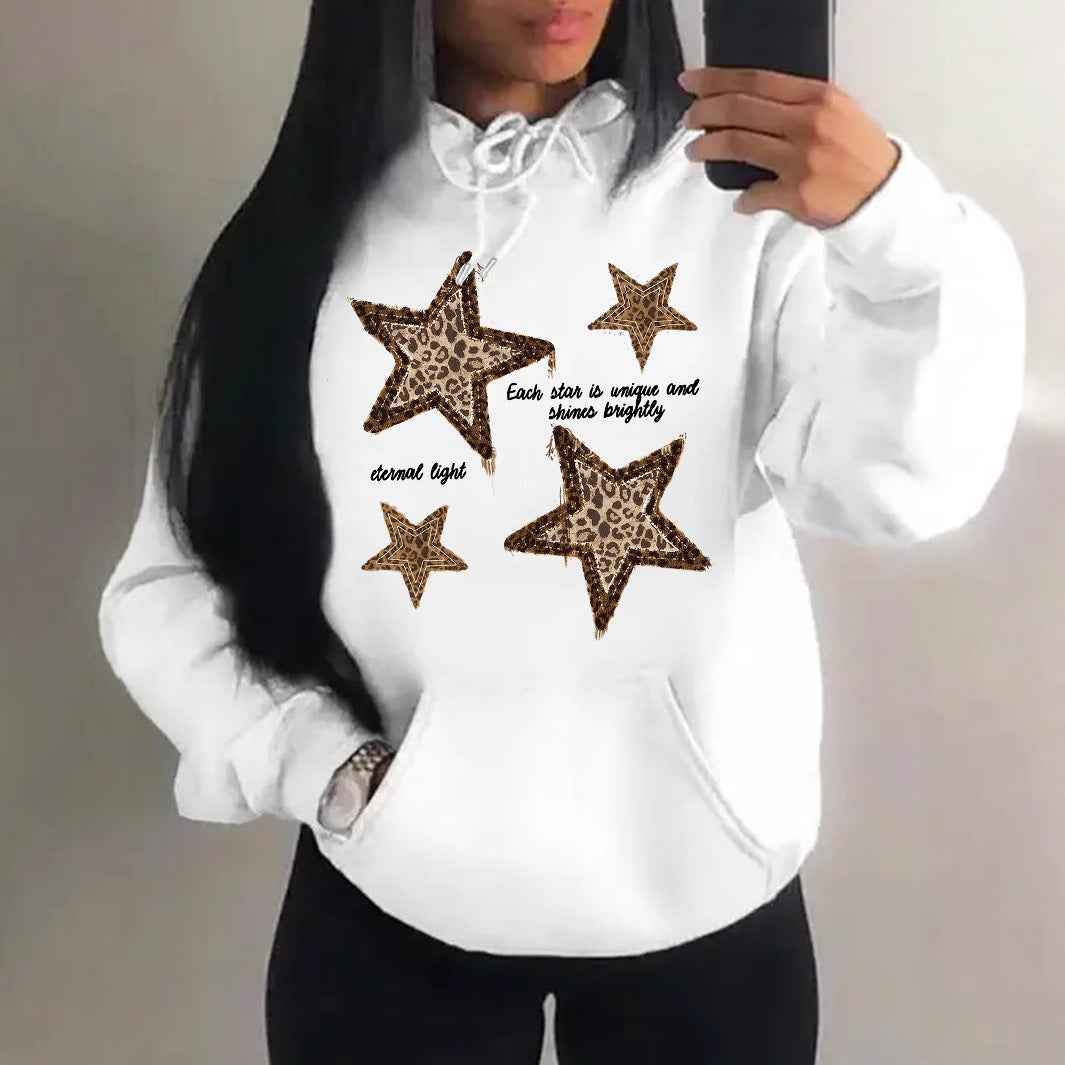 Women's Star Print Hoodie with Drawstring Hood Long Sleeves Leopard Detail Oversized Style