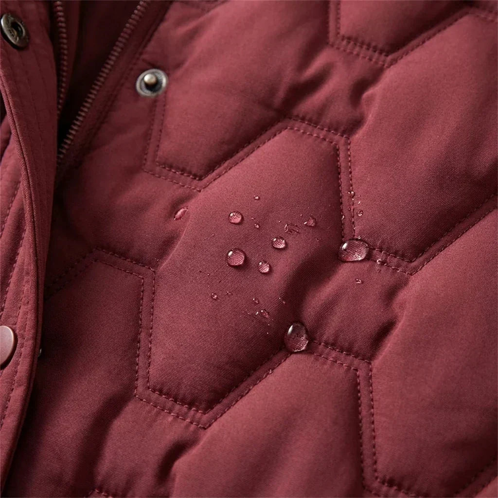 Women's Long Hooded Down Puffer Coat with Quilted Design, Cinched Waist and Pockets