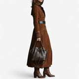 Women's Long Faux Suede Trench Coat with Double-Breasted Front, Black Trim and Flap Pockets