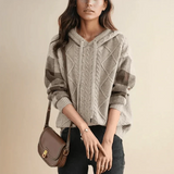 Women's Oversized Cable Knit Hoodie with Drawstring Hood, Colourblock Diamond Pattern and Ribbed Cuffs