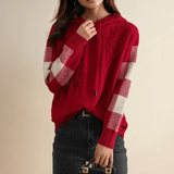 Women's Oversized Cable Knit Hoodie with Drawstring Hood, Colourblock Diamond Pattern and Ribbed Cuffs