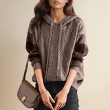Women's Oversized Cable Knit Hoodie with Drawstring Hood, Colourblock Diamond Pattern and Ribbed Cuffs