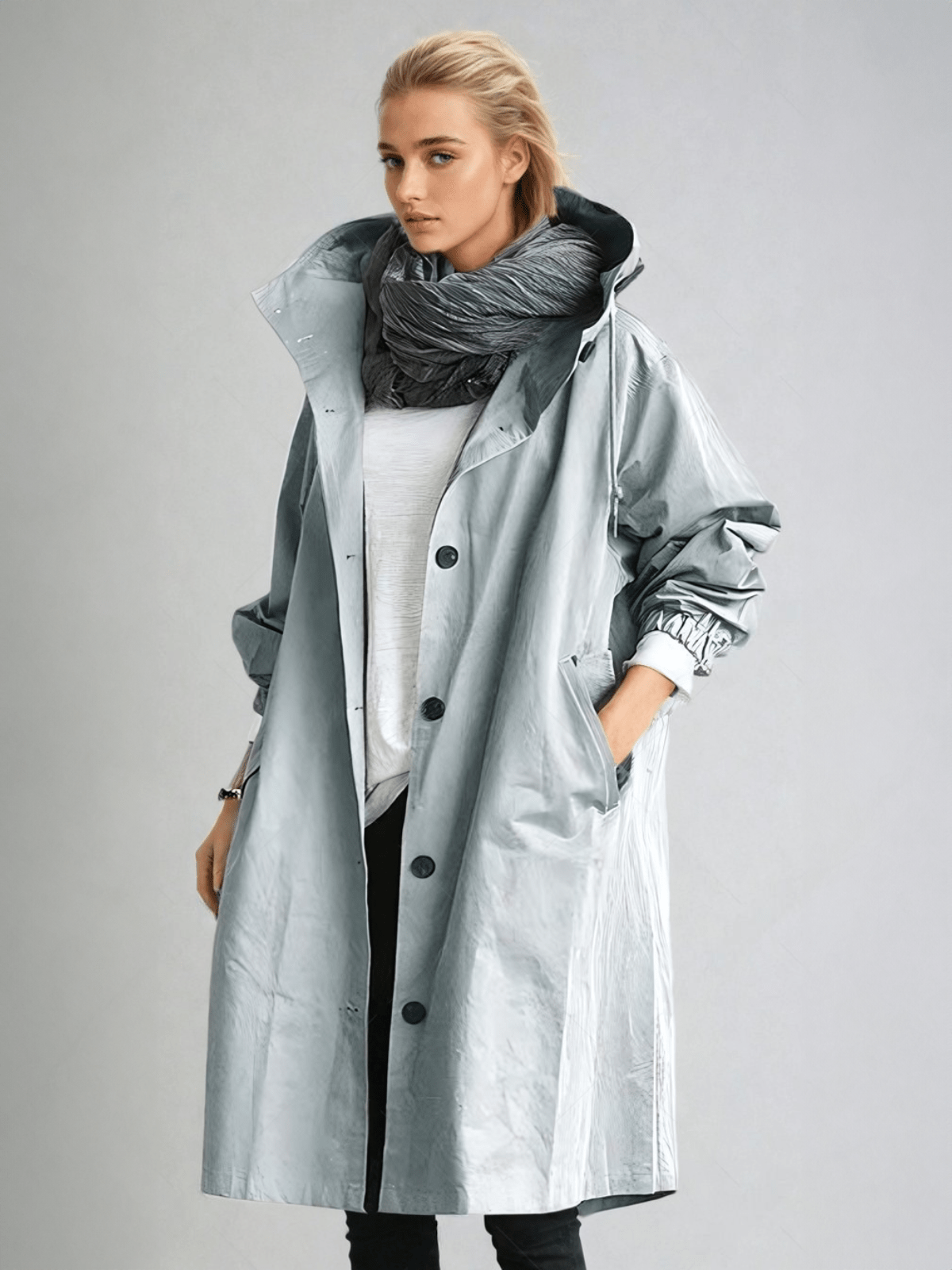 Women's Water-Repellent Hooded Trench Coat with Long Oversized Fit and Button-Up Front