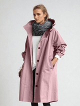 Women's Water-Repellent Hooded Trench Coat with Long Oversized Fit and Button-Up Front
