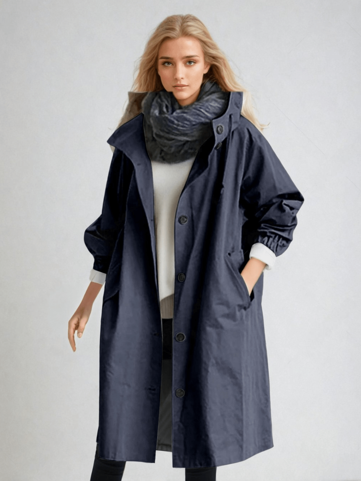 Women's Water-Repellent Hooded Trench Coat with Long Oversized Fit and Button-Up Front