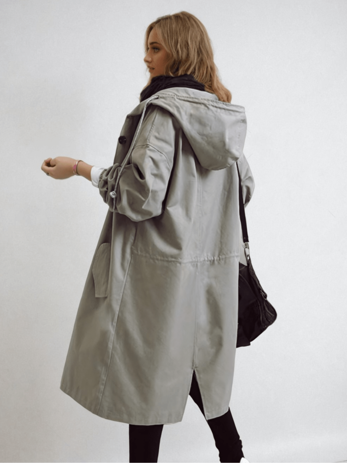 Women's Water-Repellent Hooded Trench Coat with Long Oversized Fit and Button-Up Front