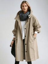 Women's Water-Repellent Hooded Trench Coat with Long Oversized Fit and Button-Up Front