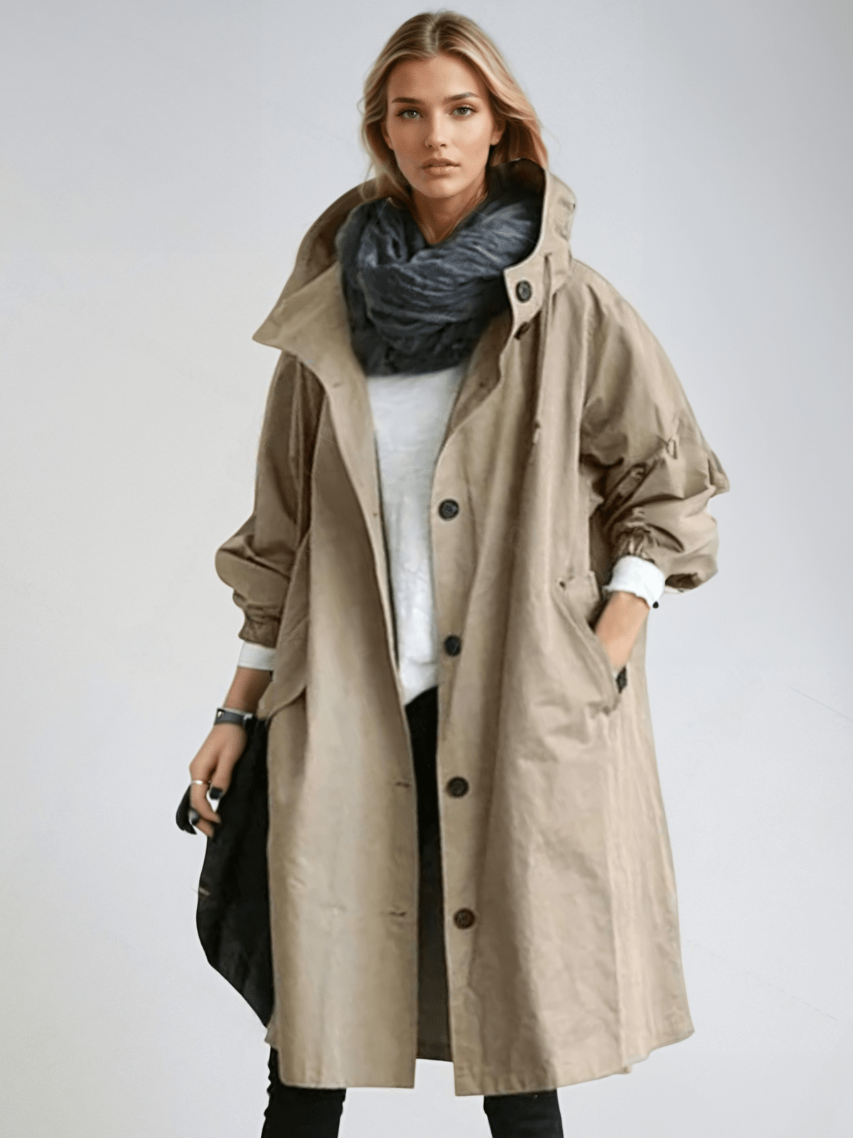 Women's Water-Repellent Hooded Trench Coat with Long Oversized Fit and Button-Up Front
