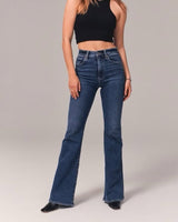 Women's High Waist Flare Jeans with Five-Pocket Design, Whisker Wash and Stretch Denim