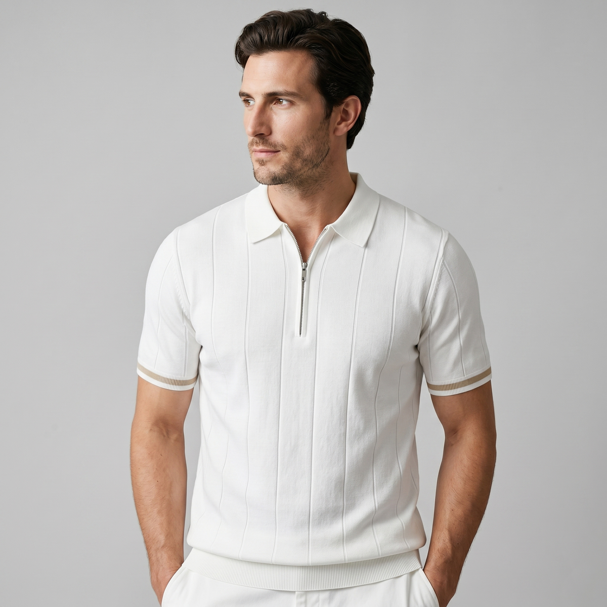 Men's Polo Shirt with Vertical Stripes and Zip Closure Casual