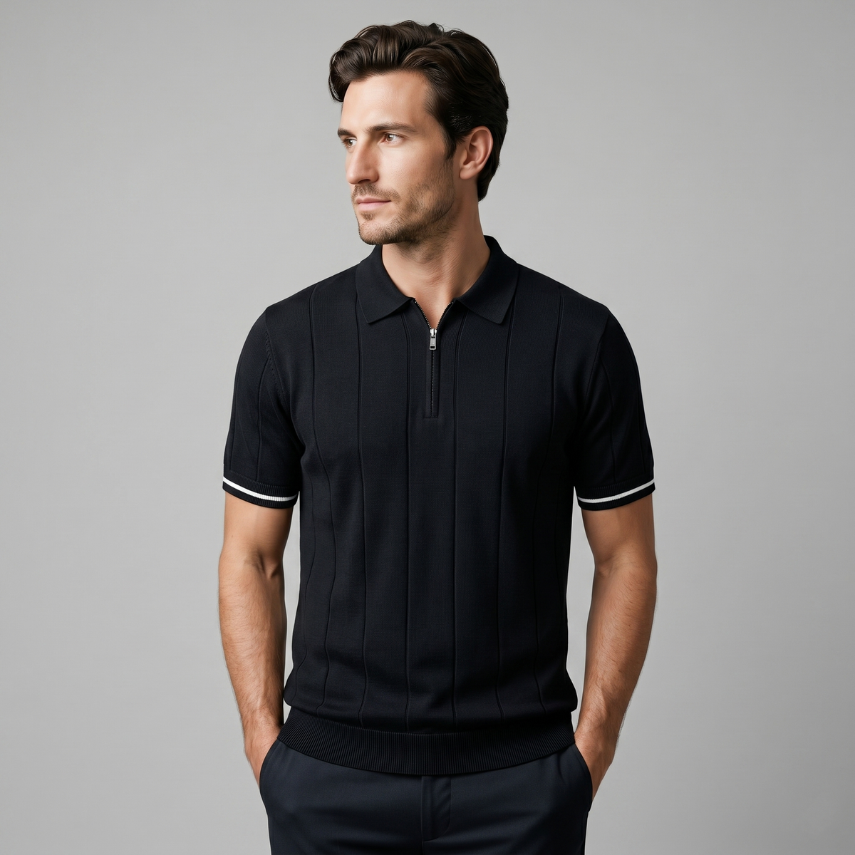 Men's Polo Shirt with Vertical Stripes and Zip Closure Casual