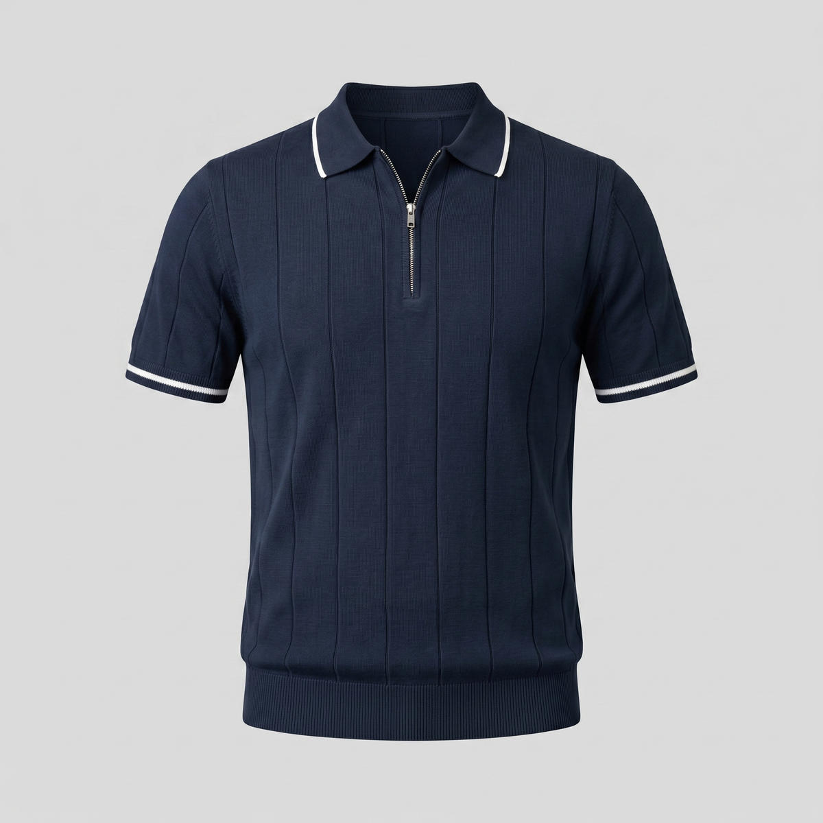 Men's Polo Shirt with Vertical Stripes and Zip Closure Casual