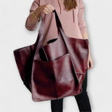 Women's Oversized Vegan Leather Tote Shoulder Bag with Front Pocket for Work, Shopping and Travel