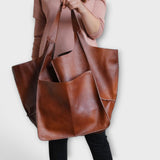 Women's Oversized Vegan Leather Tote Shoulder Bag with Front Pocket for Work, Shopping and Travel