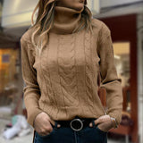 Women's Cable Knit Sweater with Turtleneck Long Sleeves Ribbed Fitted Style