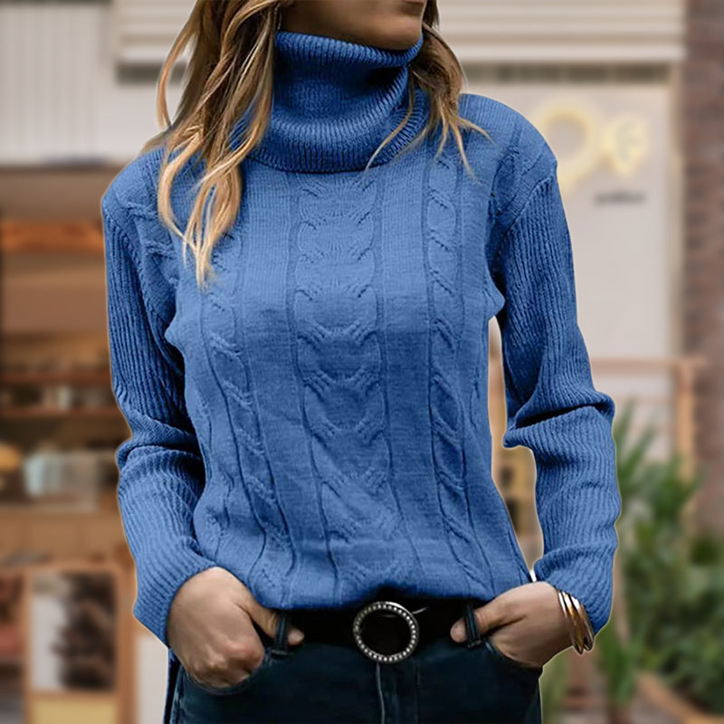 Women's Cable Knit Sweater with Turtleneck Long Sleeves Ribbed Fitted Style