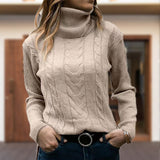 Women's Cable Knit Sweater with Turtleneck Long Sleeves Ribbed Fitted Style