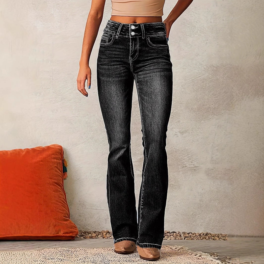 Women's Black Bootcut Flare Jeans with High Waist, Double Button Closure and Washed Finish