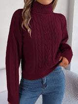 Women's Cable Knit Sweater with Turtleneck Long Sleeves Relaxed Drop Shoulder Style