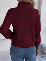 Women's Cable Knit Sweater with Turtleneck Long Sleeves Relaxed Drop Shoulder Style