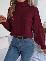 Women's Cable Knit Sweater with Turtleneck Long Sleeves Relaxed Drop Shoulder Style