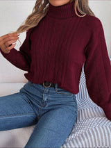 Women's Cable Knit Sweater with Turtleneck Long Sleeves Relaxed Drop Shoulder Style