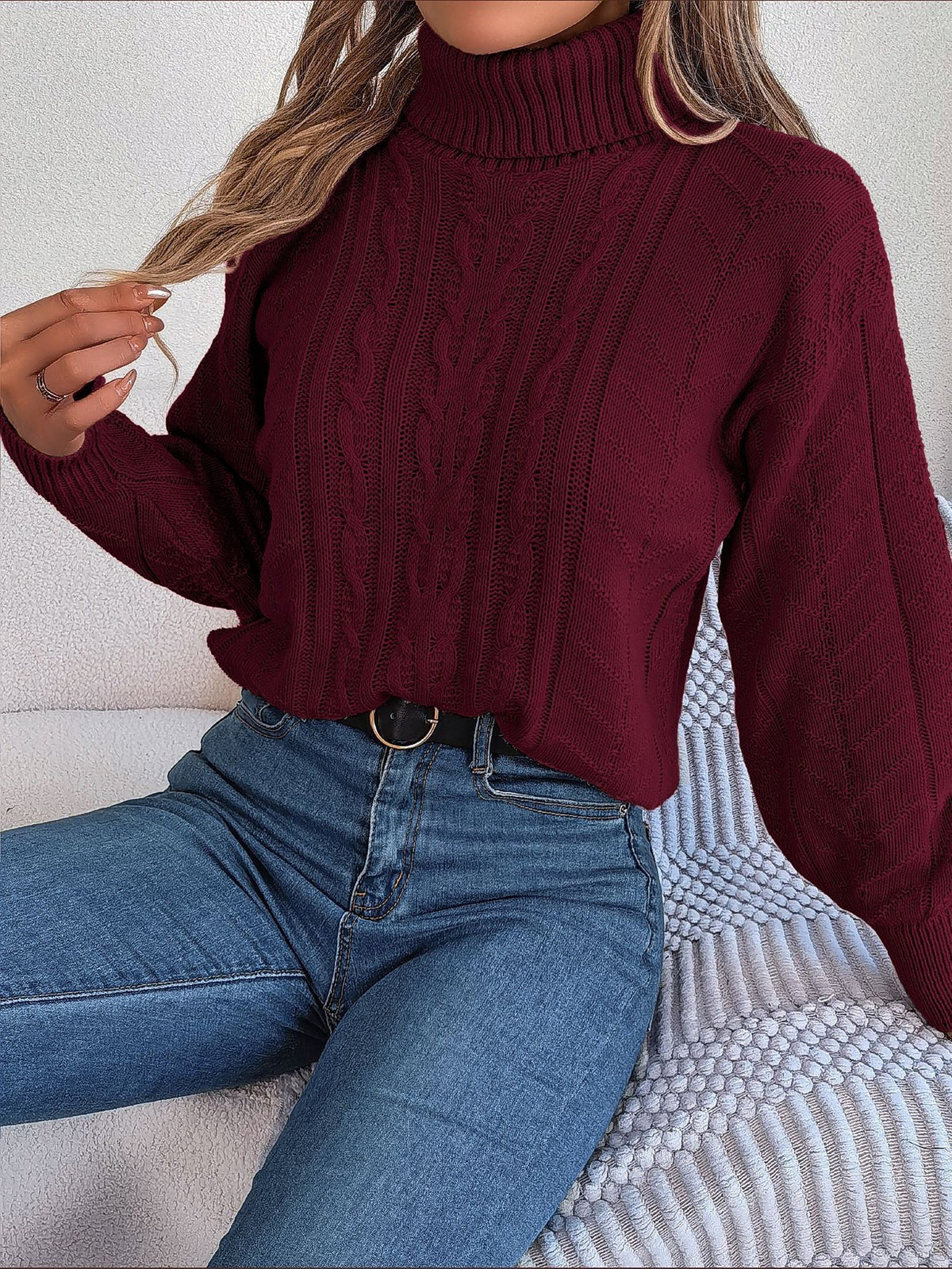 Women's Cable Knit Sweater with Turtleneck Long Sleeves Relaxed Drop Shoulder Style