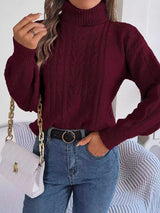 Women's Cable Knit Sweater with Turtleneck Long Sleeves Relaxed Drop Shoulder Style