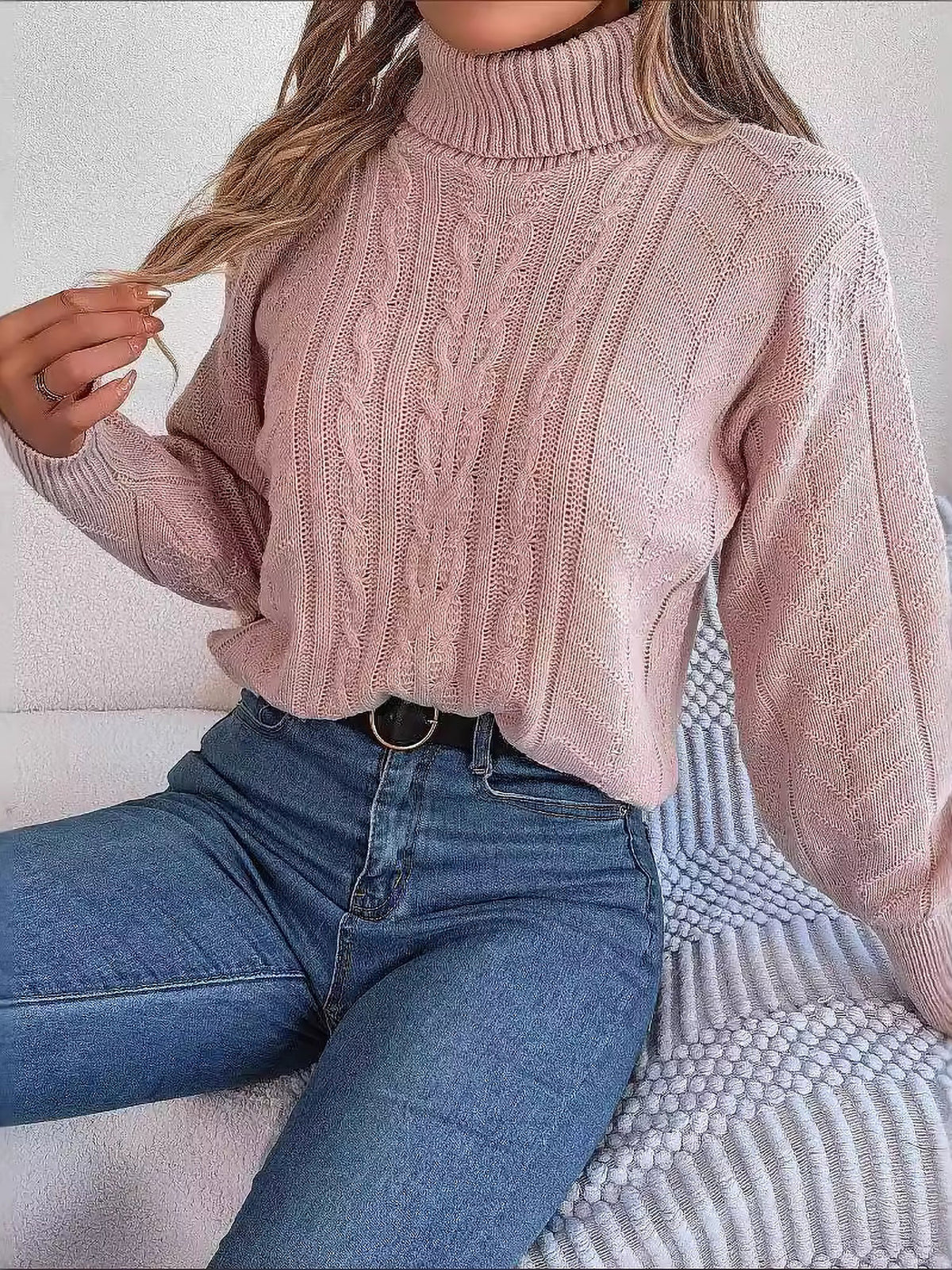 Women's Cable Knit Sweater with Turtleneck Long Sleeves Relaxed Drop Shoulder Style